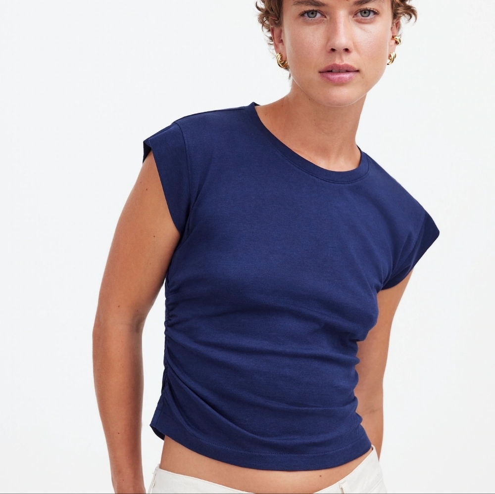 Madewell Side-Cinch Muscle Tee Women's XS Dark‎ Nightfall Navy Blue Ruching NWT